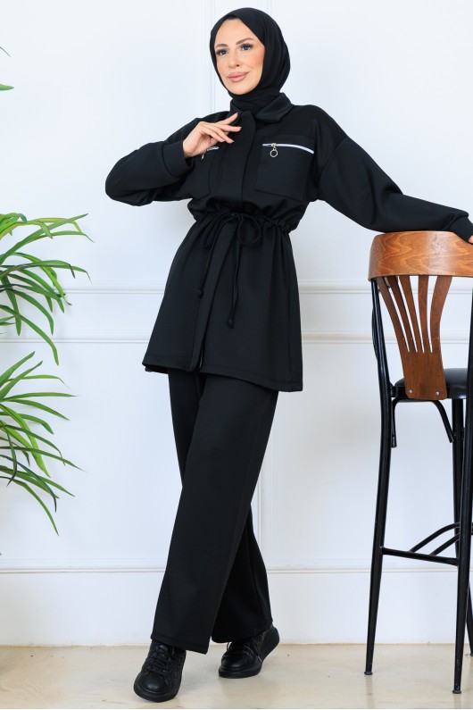 Beli Büzgülü Fermuarlı Scuba Takım N5329 Siyah