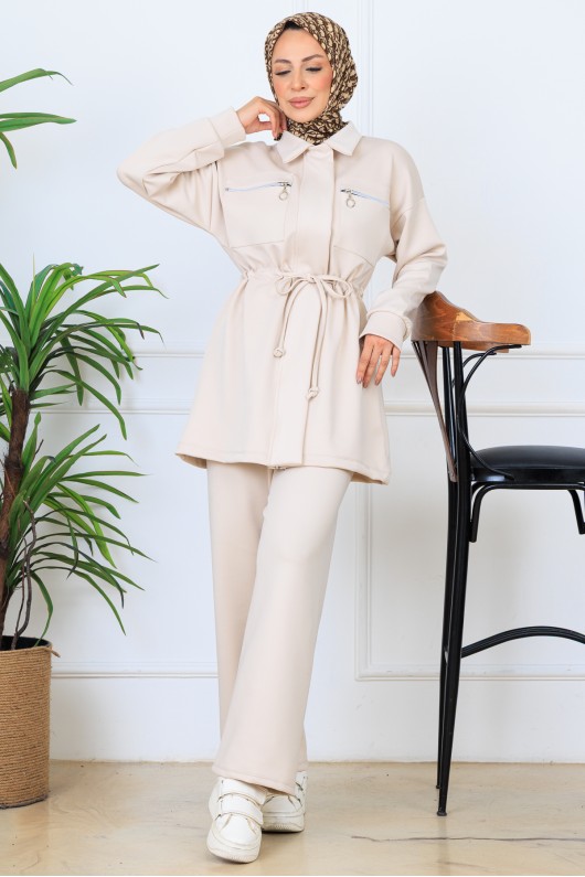 Beli Büzgülü Fermuarlı Scuba Takım N5329 Taş Rengi