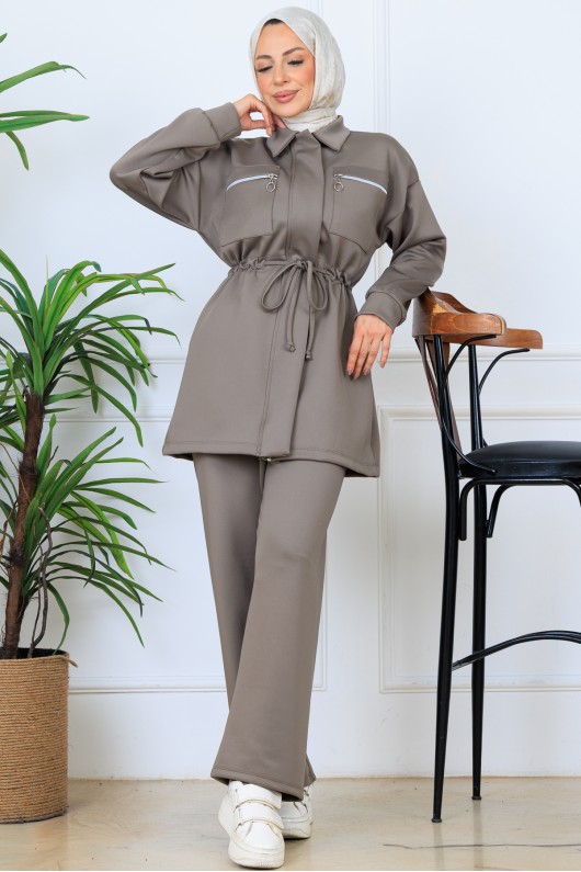 Beli Büzgülü Fermuarlı Scuba Takım N5329 Vizon