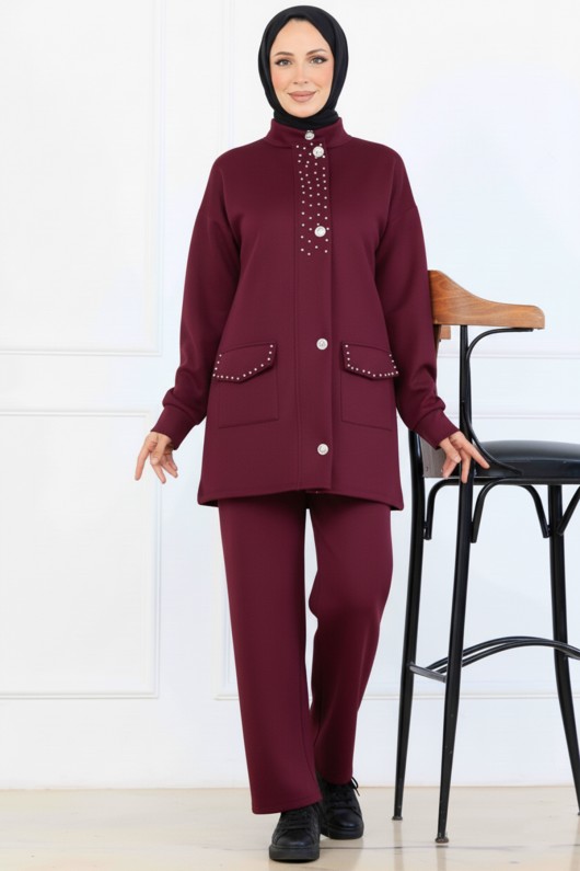 Boncuk Detaylı Scuba İkili Takım N5334 Bordo