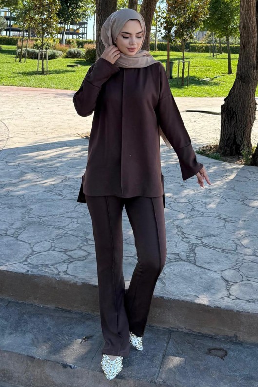 Dikiş Detaylı İkili Takım Z5689 Kahverengi