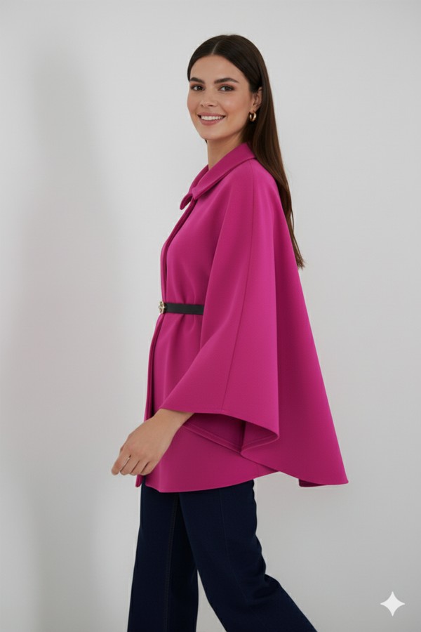 Kemerli Kaşe Panço B9170 Fuşya Kemerli Kaşe Panço B9170 Fuşya