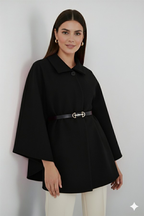 Kemerli Kaşe Panço B9170 Siyah