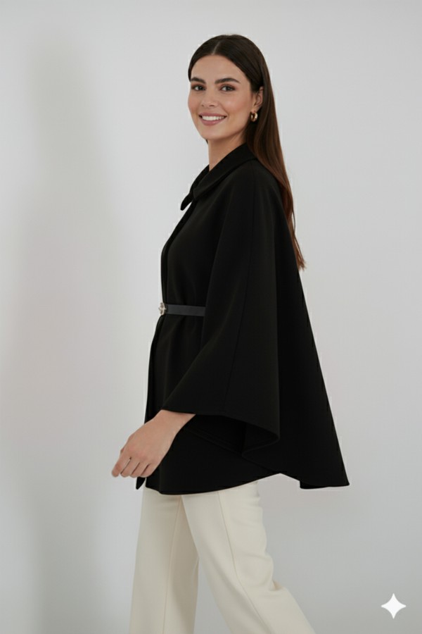 Kemerli Kaşe Panço B9170 Siyah