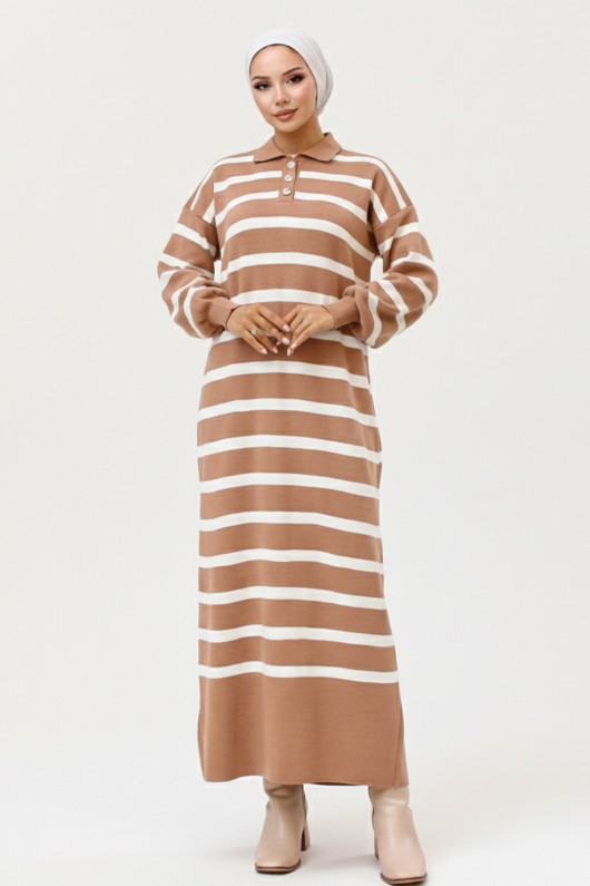 Yakası Düğme Detaylı Çizgili Triko Elbise 11031-1 Vizon