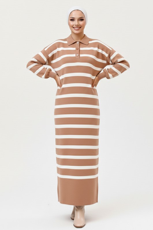 Yakası Düğme Detaylı Çizgili Triko Elbise 11031-1 Vizon