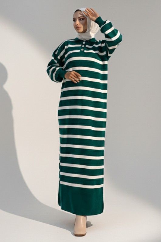Yakası Düğme Detaylı Çizgili Triko Elbise 11031-1 Zümrüt Yeşili