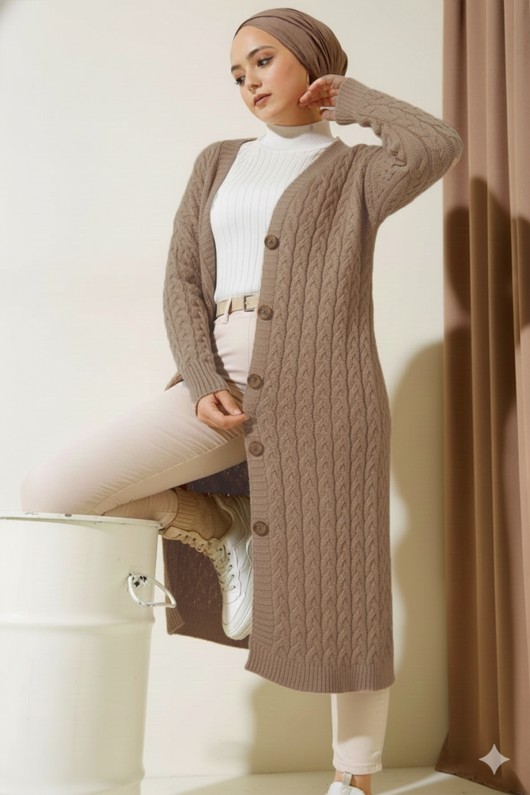 377 Düğmeli Uzun Triko Hırka Vizon 377 Düğmeli Uzun Triko Hırka Vizon