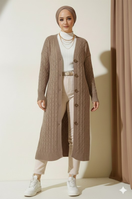 377 Düğmeli Uzun Triko Hırka Vizon 377 Düğmeli Uzun Triko Hırka Vizon