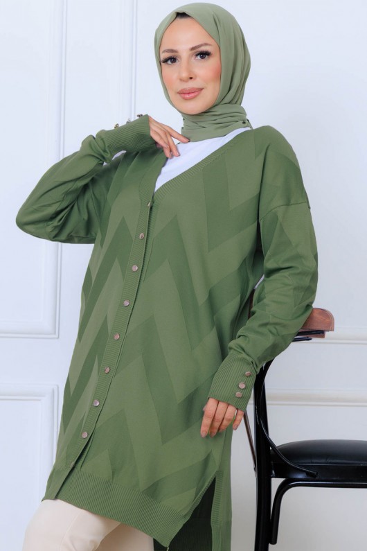 Desenli Uzun Merserize Hırka N3193 Çağla