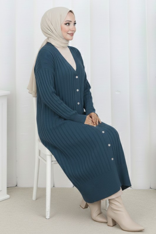 Desenli Uzun Merserize Hırka N3257 Petrol