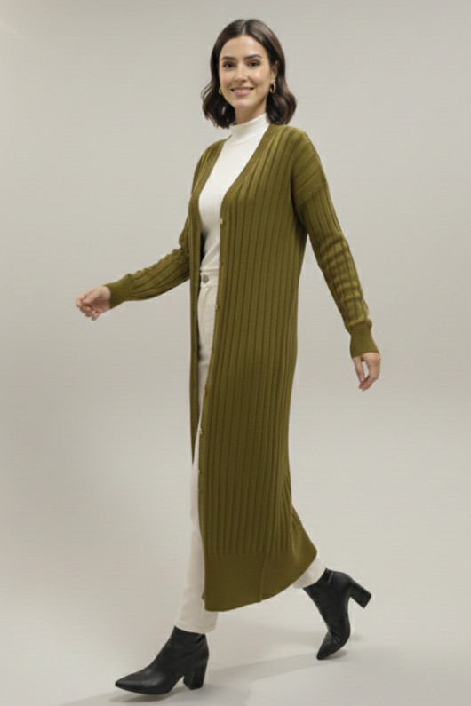 Desenli Uzun Merserize Hırka N3257 Yağ Yeşili