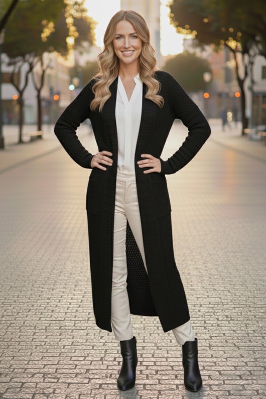 Zikzak Desenli Uzun Triko Hırka R4470 Siyah Zikzak Desenli Uzun Triko Hırka R4470 Siyah