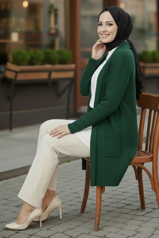 Cepli Triko Hırka R4442 Zümrüt Yeşili Cepli Triko Hırka R4442 Zümrüt Yeşili