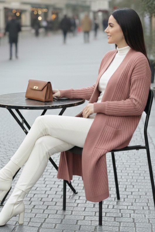 Kolu Düğmeli Fitilli Triko Hırka R7146 Gül Kurusu