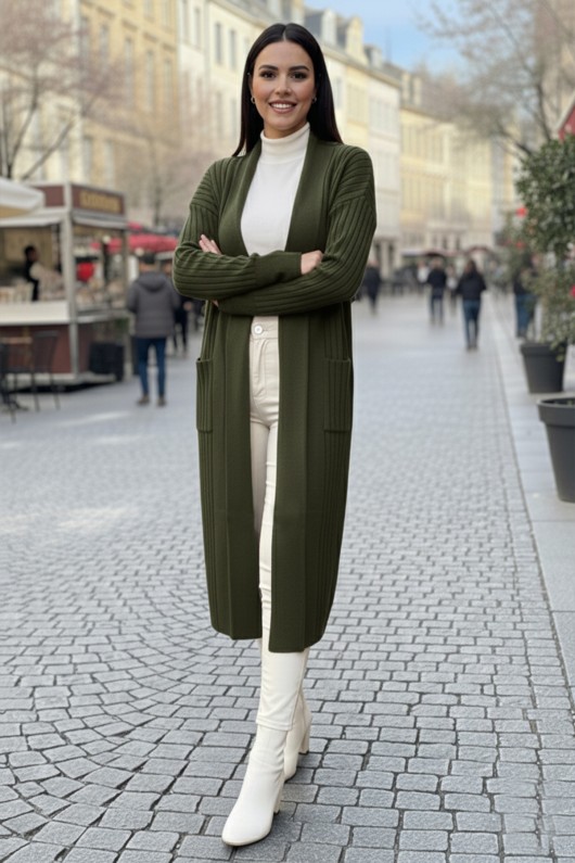 Kolu Düğmeli Fitilli Triko Hırka R7146 Haki Kolu Düğmeli Fitilli Triko Hırka R7146 Haki