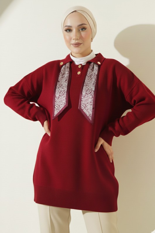 Fularlı Triko Tunik R7178 Bordo Fularlı Triko Tunik R7178 Bordo