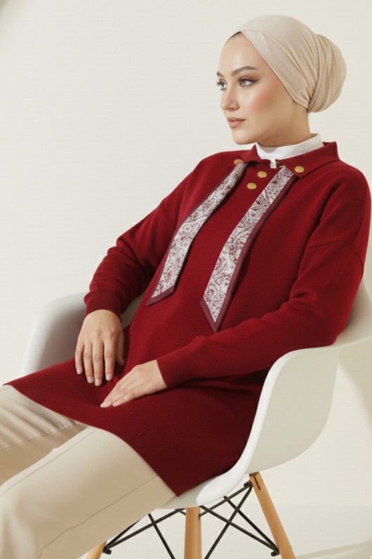 Fularlı Triko Tunik R7178 Bordo Fularlı Triko Tunik R7178 Bordo