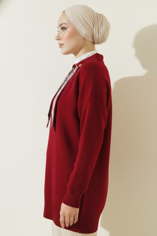 Fularlı Triko Tunik R7178 Bordo Fularlı Triko Tunik R7178 Bordo
