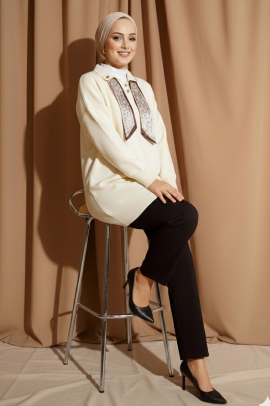 Fularlı Triko Tunik R7178 Ekru Fularlı Triko Tunik R7178 Ekru