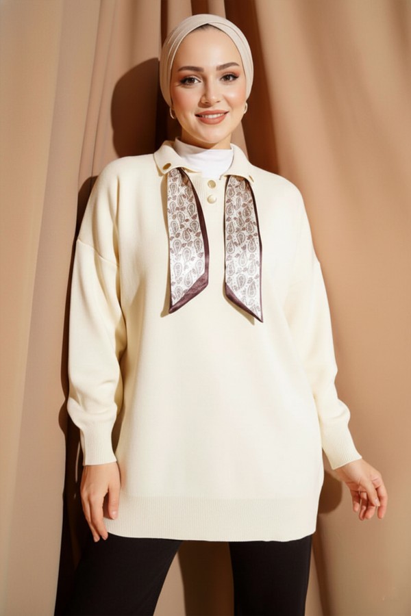 Fularlı Triko Tunik R7178 Ekru