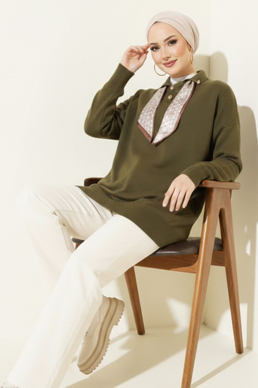 Fularlı Triko Tunik R7178 Haki Fularlı Triko Tunik R7178 Haki