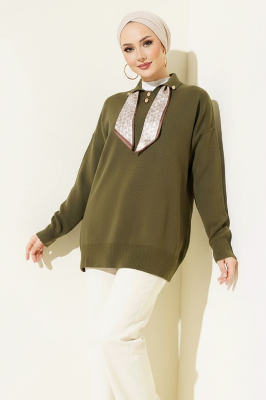 Fularlı Triko Tunik R7178 Haki Fularlı Triko Tunik R7178 Haki