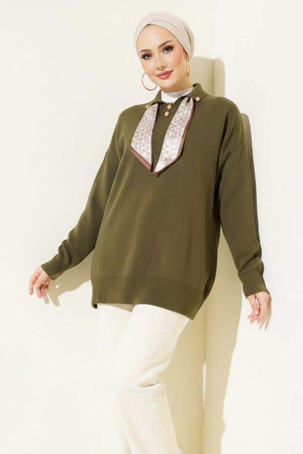Fularlı Triko Tunik R7178 Haki Fularlı Triko Tunik R7178 Haki