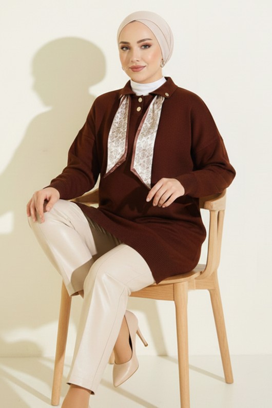Fularlı Triko Tunik R7178 Kahverengi