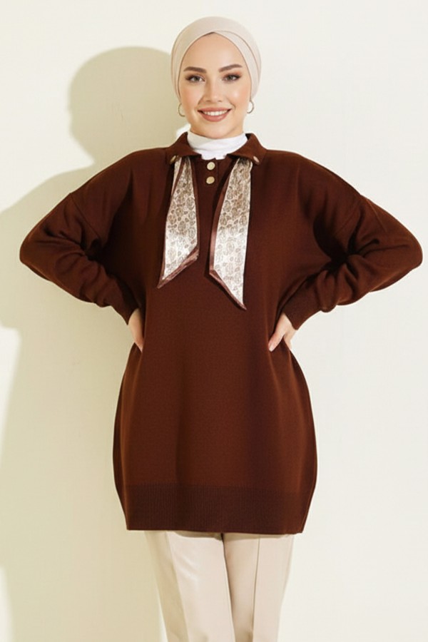 Fularlı Triko Tunik R7178 Kahverengi