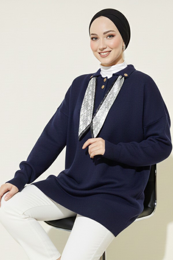 Fularlı Triko Tunik R7178 Lacivert