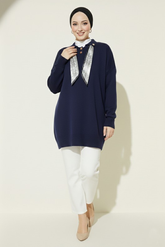 Fularlı Triko Tunik R7178 Lacivert Fularlı Triko Tunik R7178 Lacivert