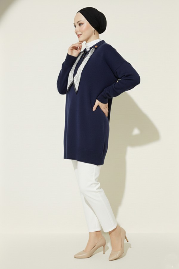 Fularlı Triko Tunik R7178 Lacivert