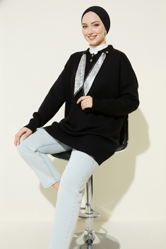 Fularlı Triko Tunik R7178 Siyah