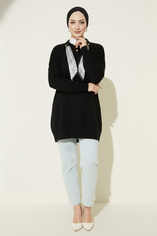 Fularlı Triko Tunik R7178 Siyah Fularlı Triko Tunik R7178 Siyah