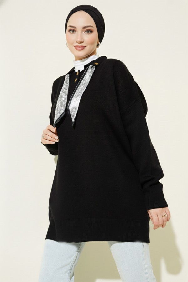 Fularlı Triko Tunik R7178 Siyah