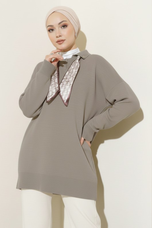 Fularlı Triko Tunik R7178 Vizon
