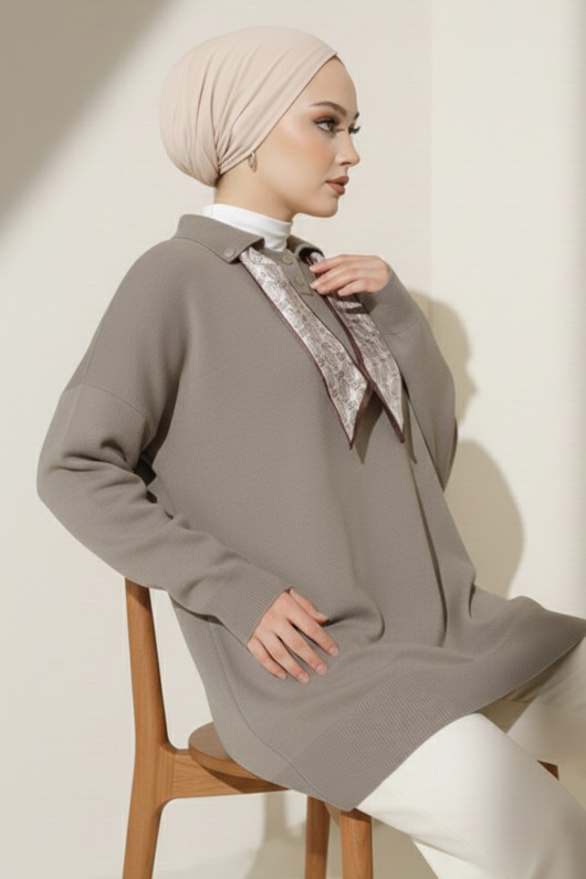 Fularlı Triko Tunik R7178 Vizon Fularlı Triko Tunik R7178 Vizon