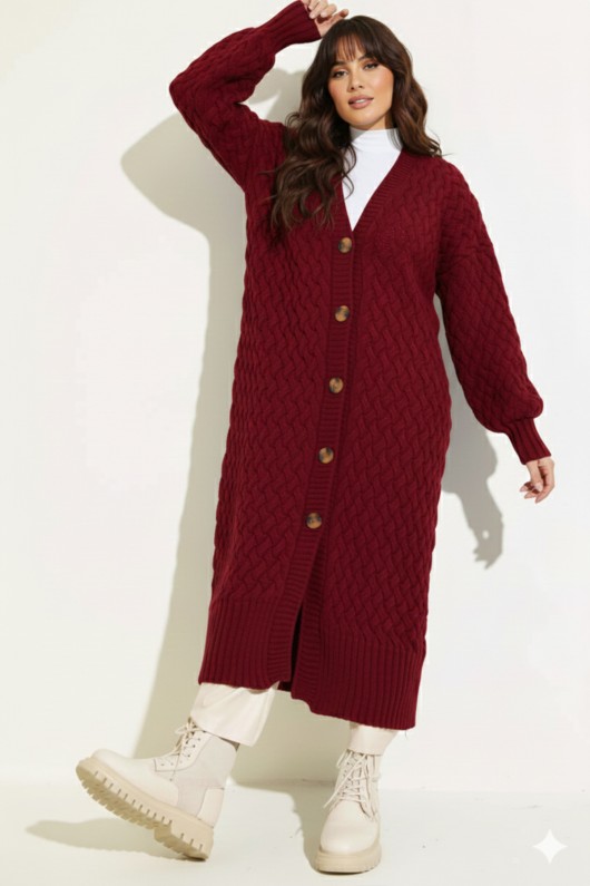 Örgü Desenli Uzun Triko Hırka R4201 Bordo Örgü Desenli Uzun Triko Hırka R4201 Bordo