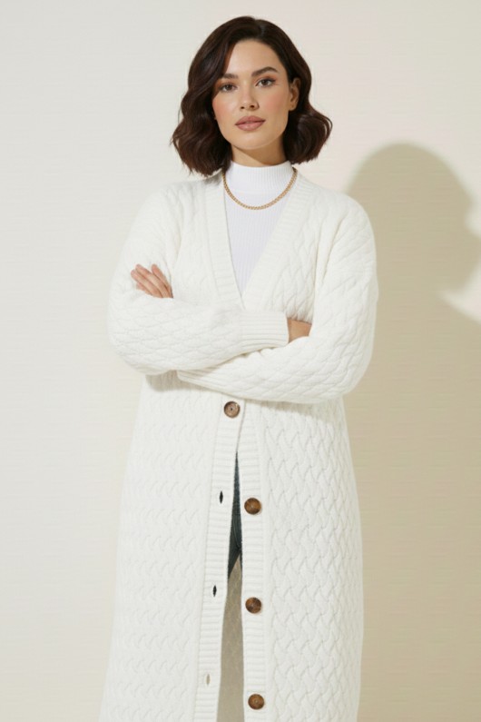 Örgü Desenli Uzun Triko Hırka R4201 Ekru Örgü Desenli Uzun Triko Hırka R4201 Ekru