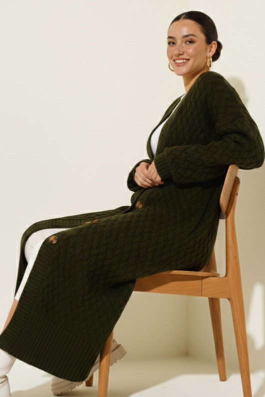 Örgü Desenli Uzun Triko Hırka R4201 Haki Örgü Desenli Uzun Triko Hırka R4201 Haki