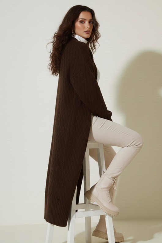 Örgü Desenli Uzun Triko Hırka R4201 Kahverengi Örgü Desenli Uzun Triko Hırka R4201 Kahverengi