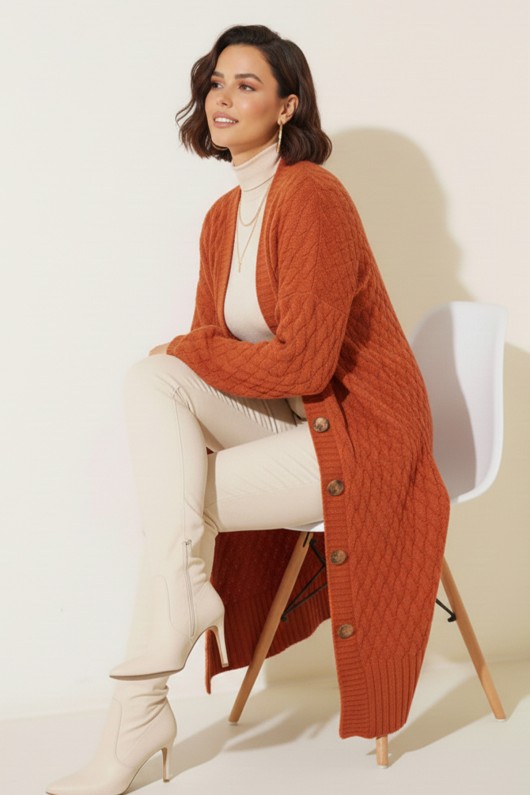 Örgü Desenli Uzun Triko Hırka R4201 Kiremit Örgü Desenli Uzun Triko Hırka R4201 Kiremit