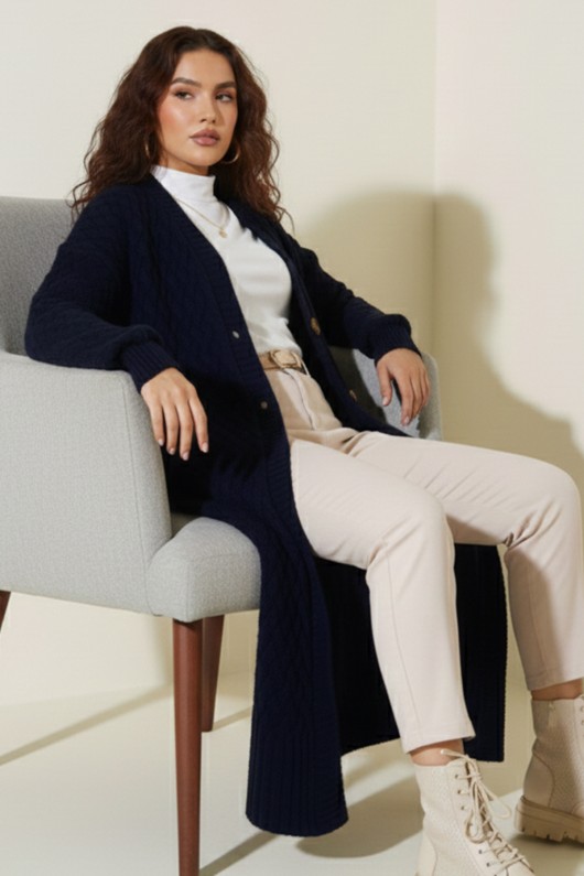 Örgü Desenli Uzun Triko Hırka R4201 Lacivert Örgü Desenli Uzun Triko Hırka R4201 Lacivert