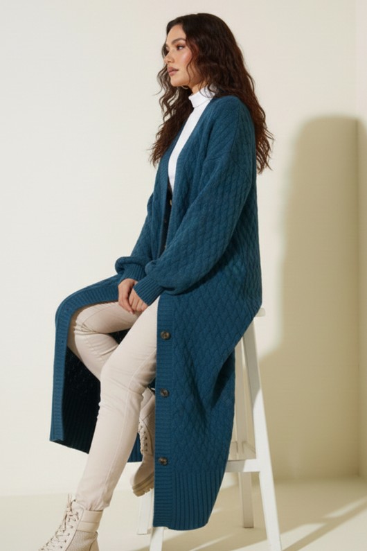 Örgü Desenli Uzun Triko Hırka R4201 Petrol Örgü Desenli Uzun Triko Hırka R4201 Petrol