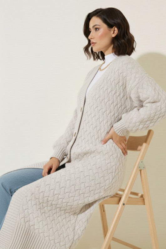 Örgü Desenli Uzun Triko Hırka R4201 Taş Rengi Örgü Desenli Uzun Triko Hırka R4201 Taş Rengi