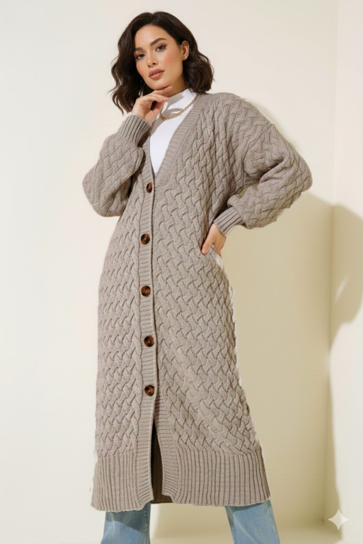 Örgü Desenli Uzun Triko Hırka R4201 Vizon