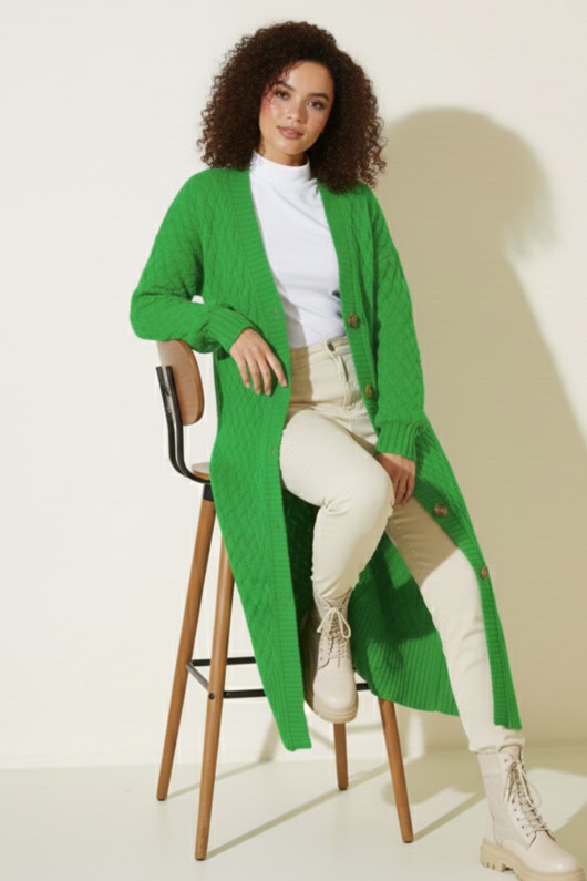 Örgü Desenli Uzun Triko Hırka R4201 Yeşil Örgü Desenli Uzun Triko Hırka R4201 Yeşil