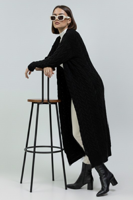 Örgü Desenli Triko Hırka R10006 Siyah