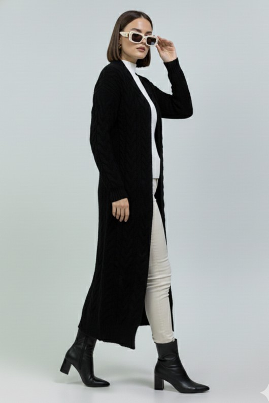 Örgü Desenli Triko Hırka R10006 Siyah